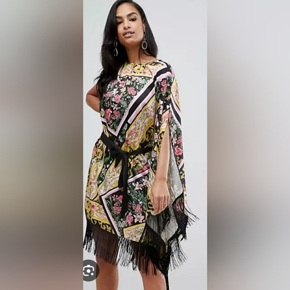 ASOS Scarf Print Satin Cape Midi Dress Oversized - Picture 2 of 8